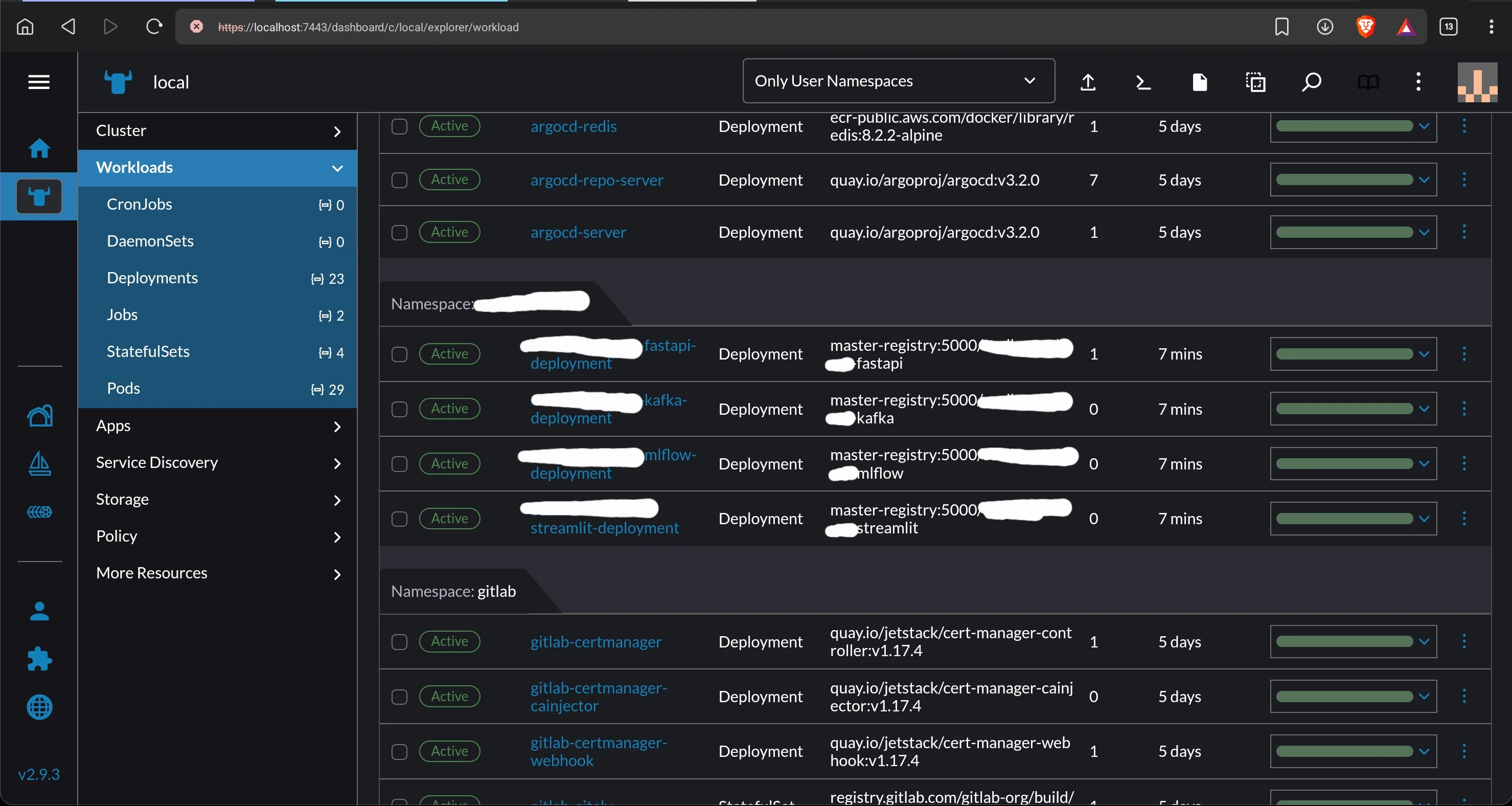 The services accessible at their local ports — Rancher, GitLab, ArgoCD, LocalStack — all on a single laptop.